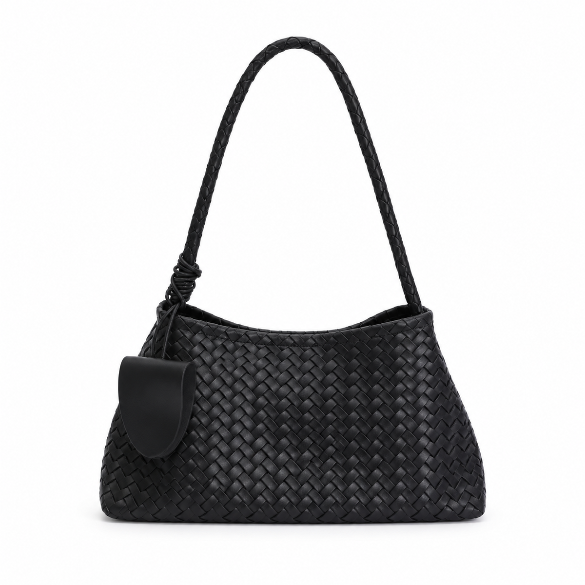Black Woven Shoulder Bag With Pouch-4