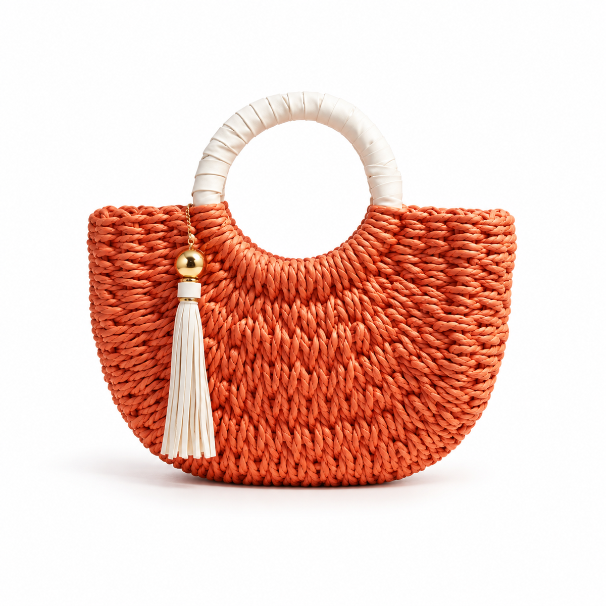 Coral Woven Raffia Tassel Handle Handbag-2