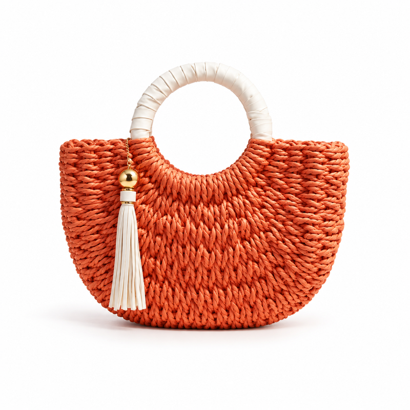 Coral Woven Raffia Tassel Handle Handbag-2