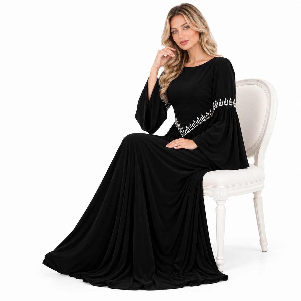 Elegant Black Embellished Velvet Kaftan Dress-2