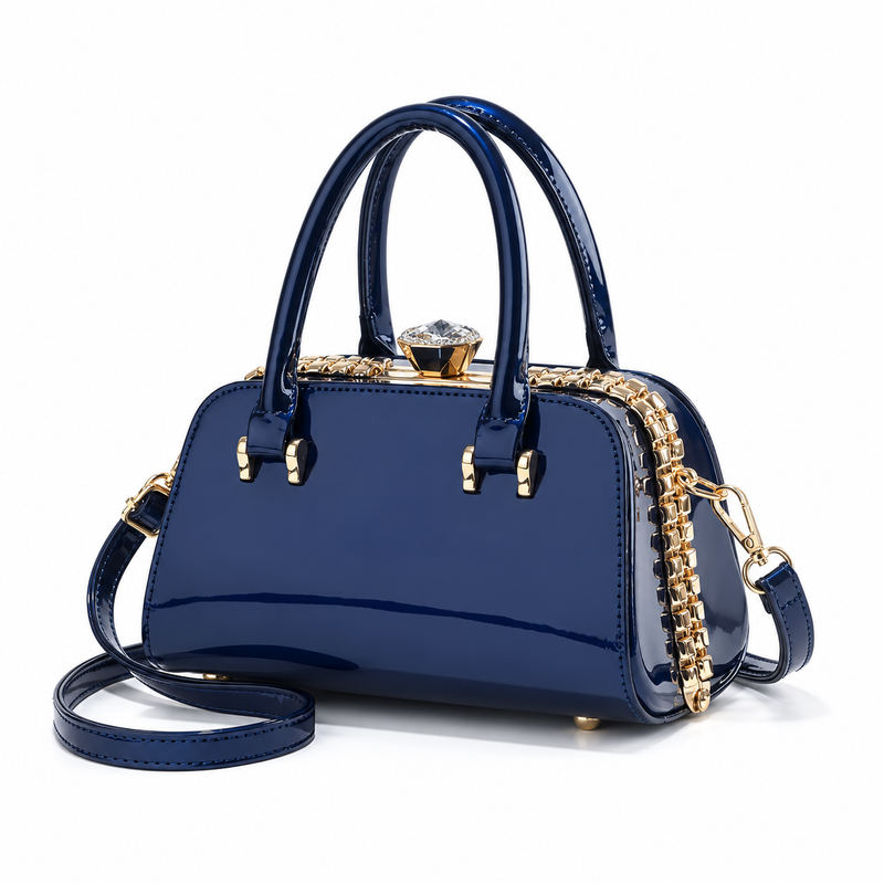 Navy Blue Glossy Crystal Clasp Handbag-2