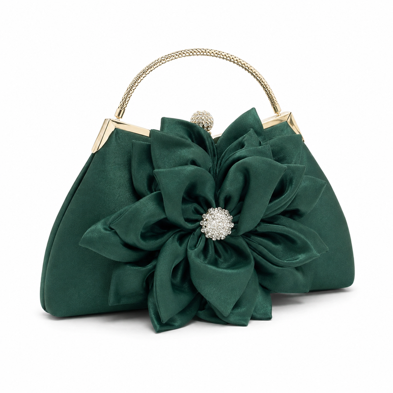 Emerald Green Floral Satin Evening Handbag with Crystal Detail-2