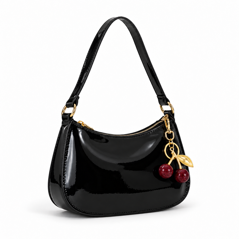 Glossy Black Cherry Charm Shoulder Bag-1