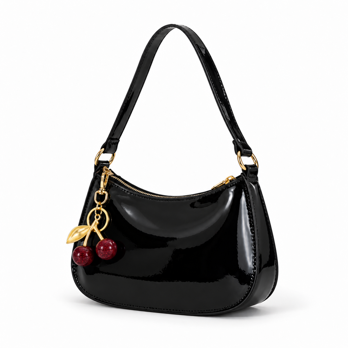 Glossy Black Cherry Charm Shoulder Bag-3