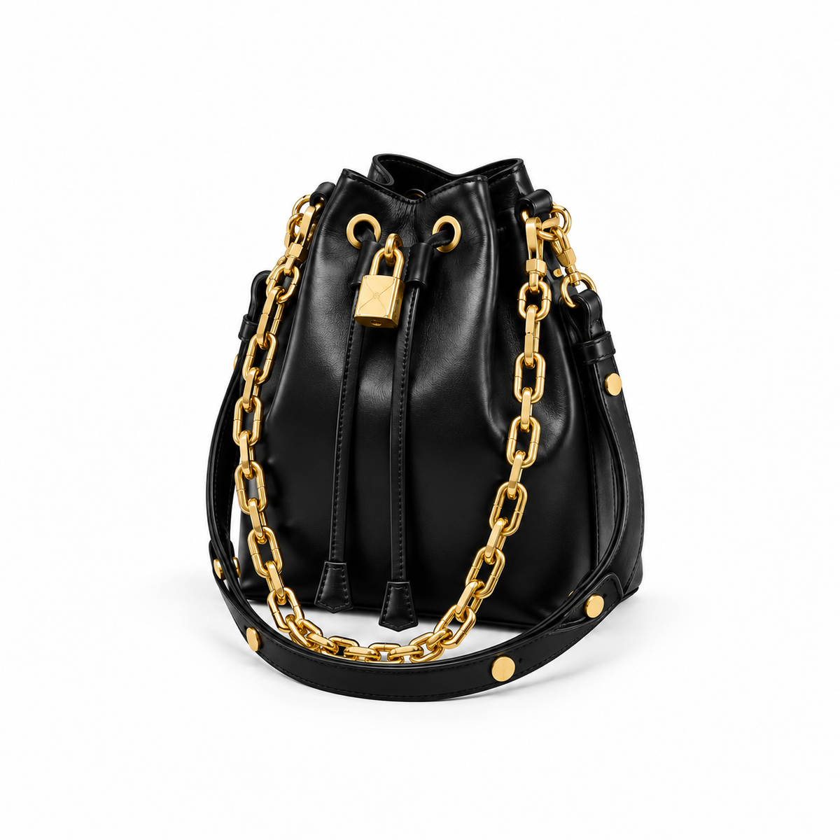 Luxury Black Drawstring Bucket Bag-3