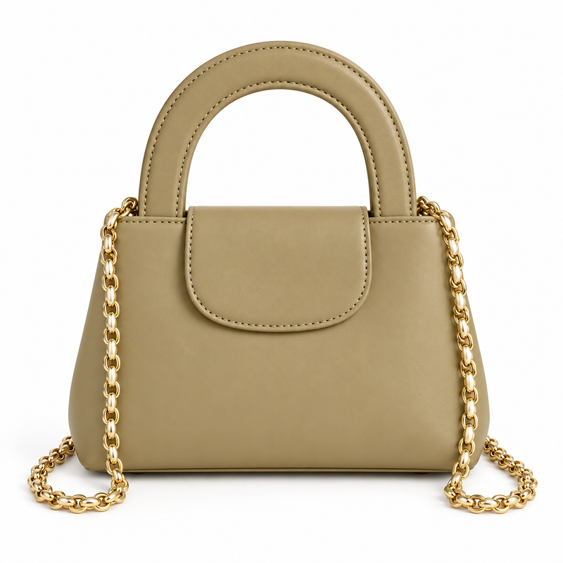 Khaki Vegan Leather Chain Handle Handbag-4