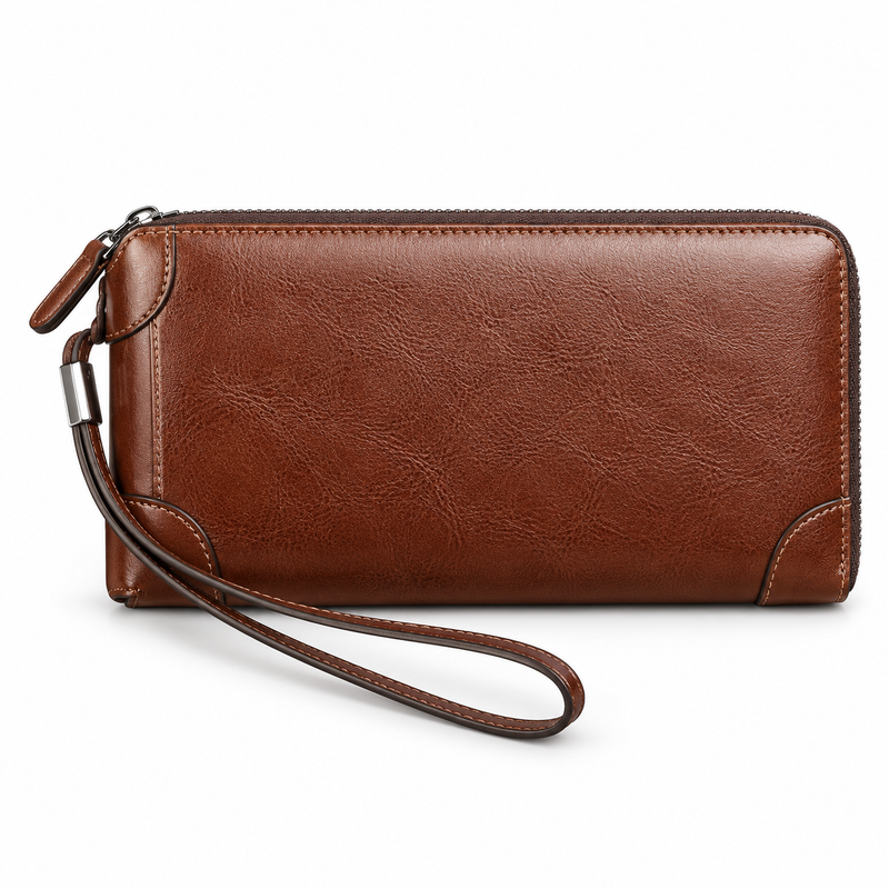 Classic Brown Textured Wallet With Wristlet-2