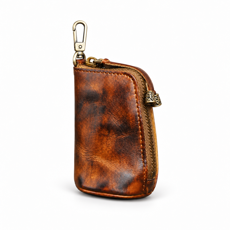 Vintage Distressed Leather Zipper Key Pouch-2