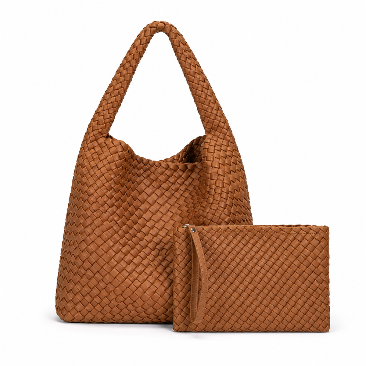 Caramel Woven Shoulder Bag With Pouch-4