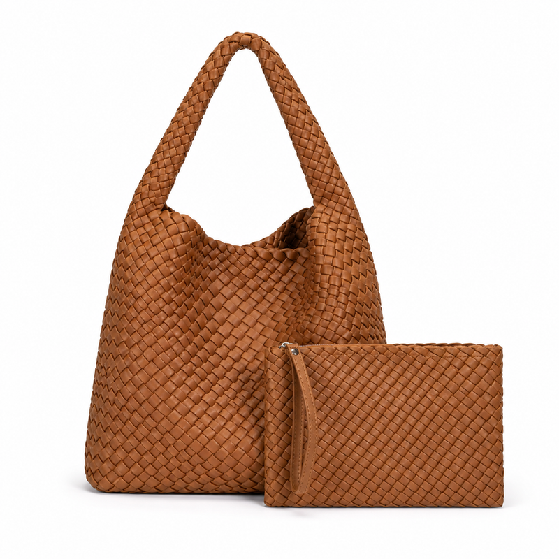 Caramel Woven Shoulder Bag With Pouch-4
