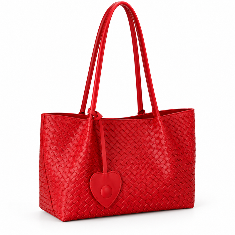 Red Woven Tote With Heart Charm-1