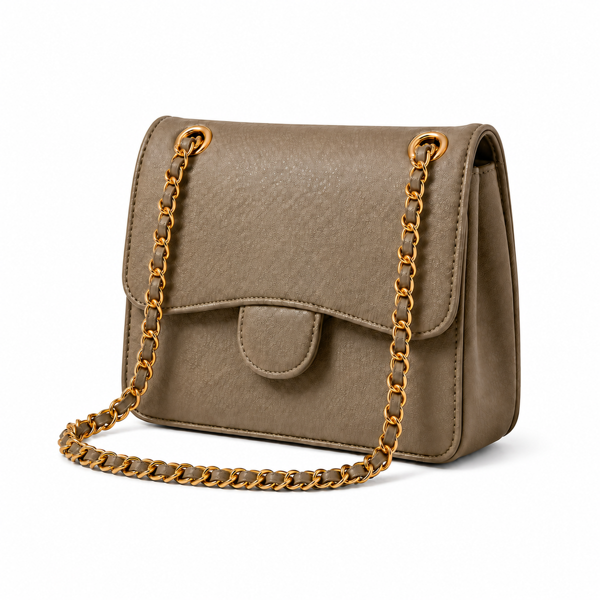 Khaki Textured Chain Strap Shoulder Bag-4