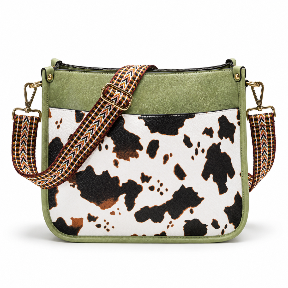 Olive Green Cow Print Crossbody Bag-4