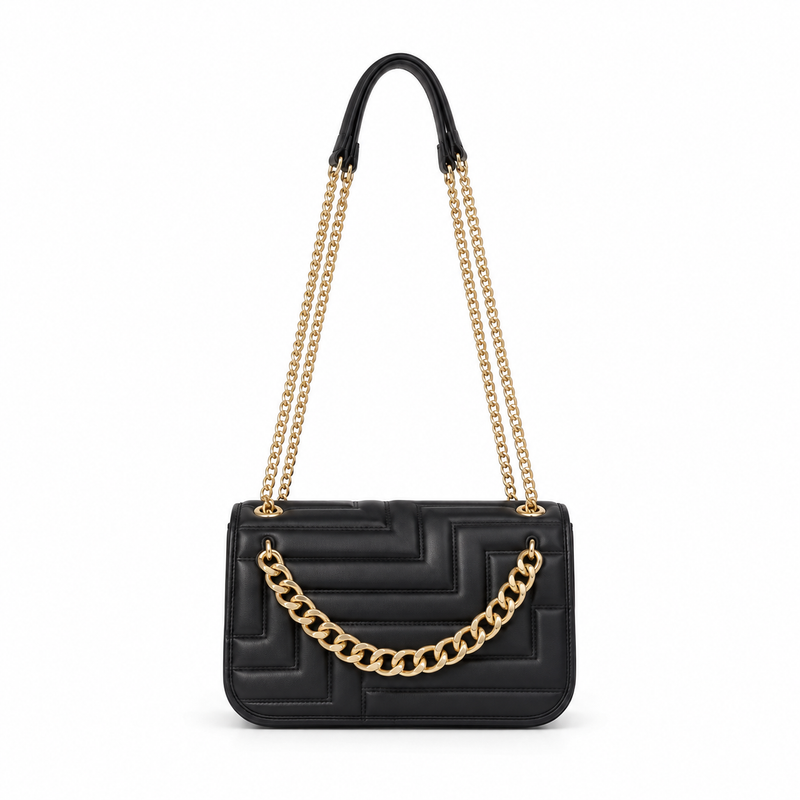Black Quilted Chain Shoulder Handbag Purse-4