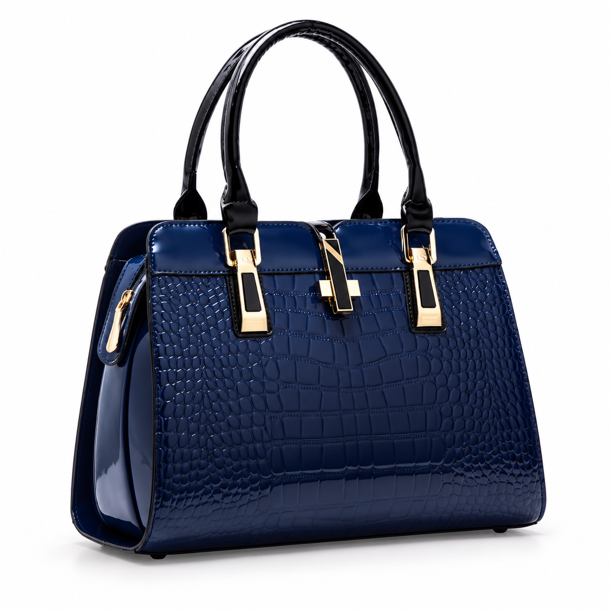 Navy Crocodile Embossed Gold Accent Handbag