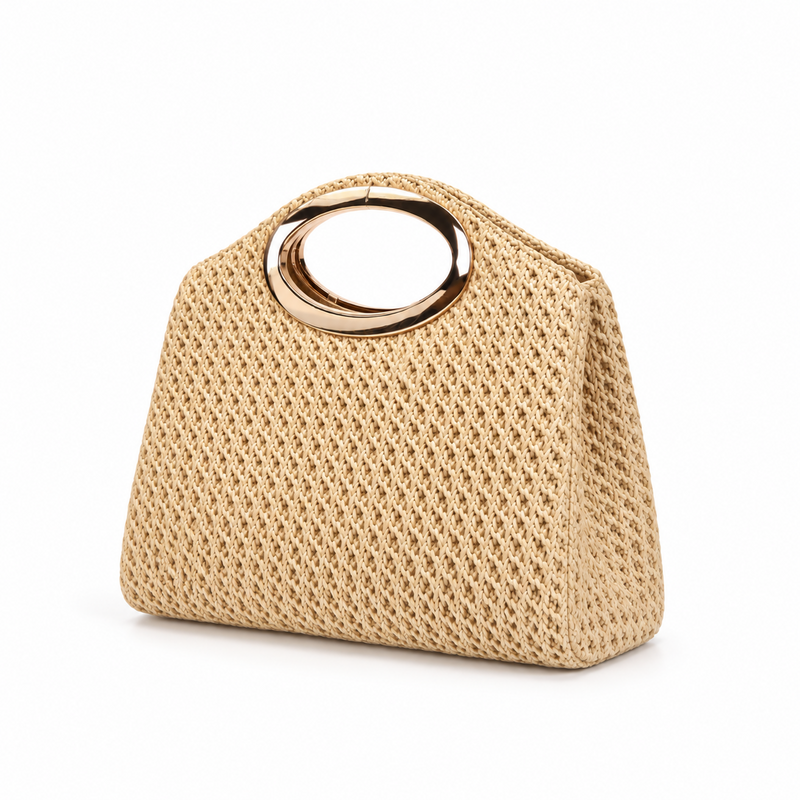 Natural Woven Raffia Gold Handle Handbag-3