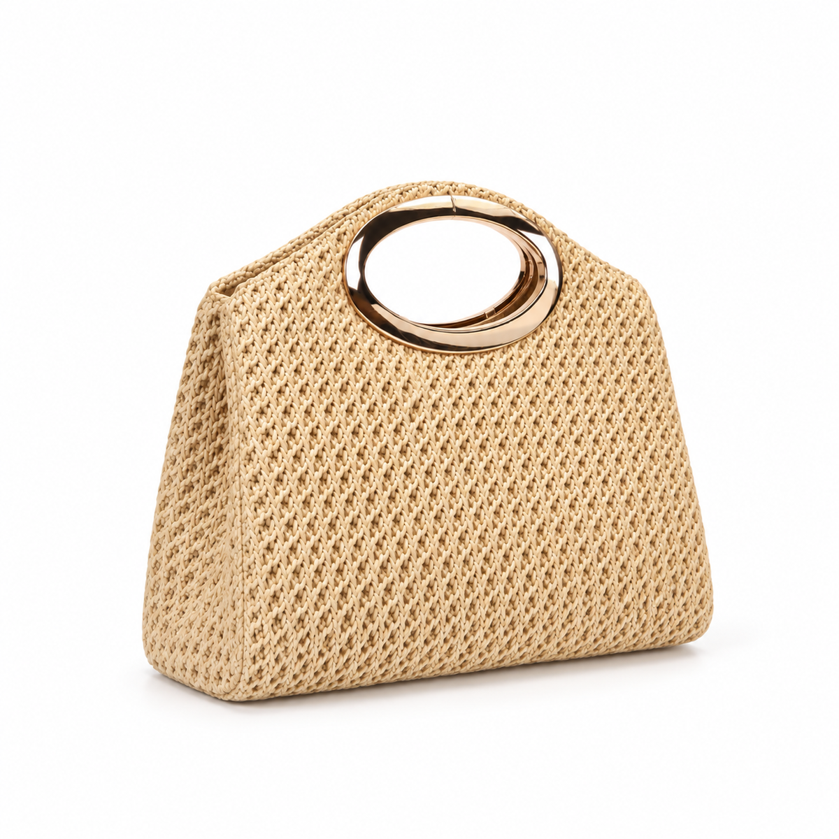 Natural Woven Raffia Gold Handle Handbag-1