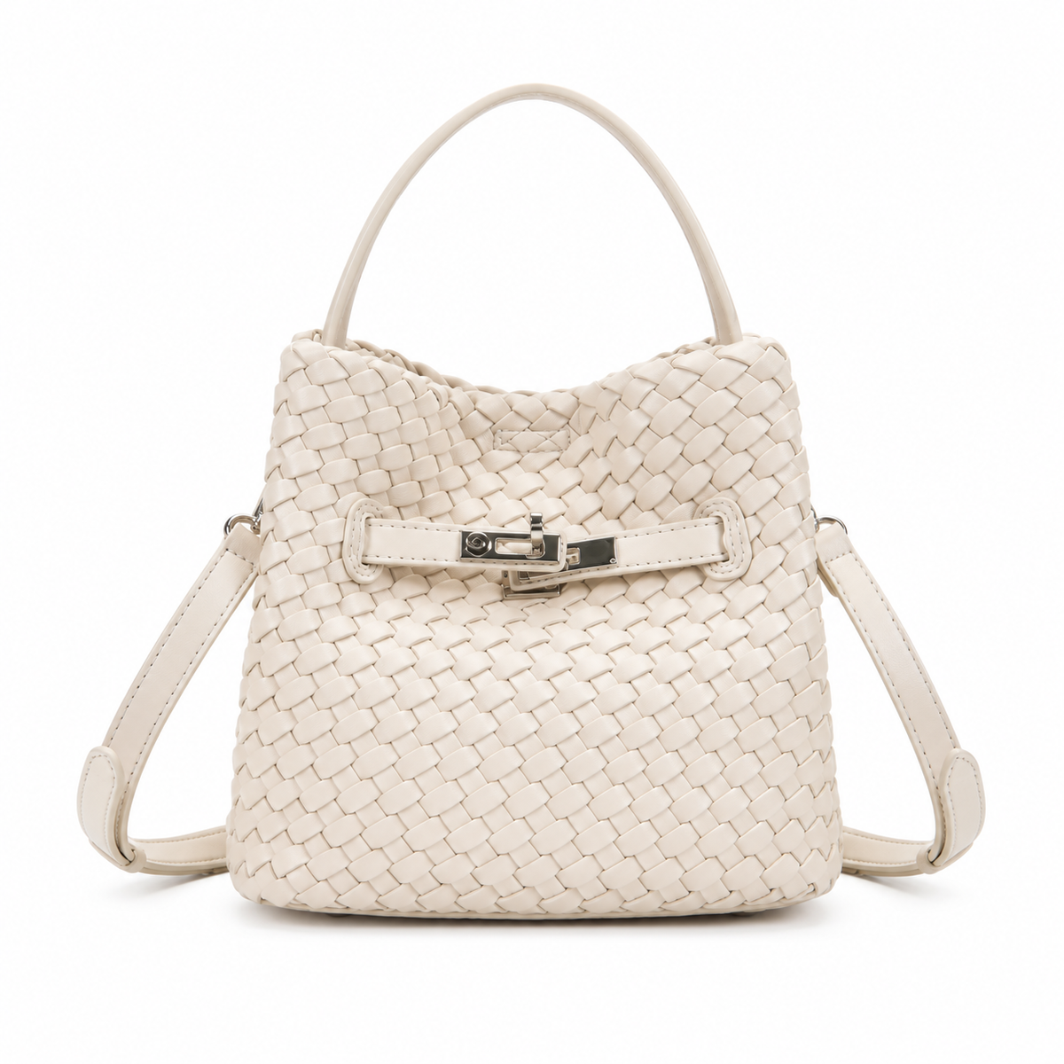 Elegant Ivory Woven Bucket Shoulder Bag-4