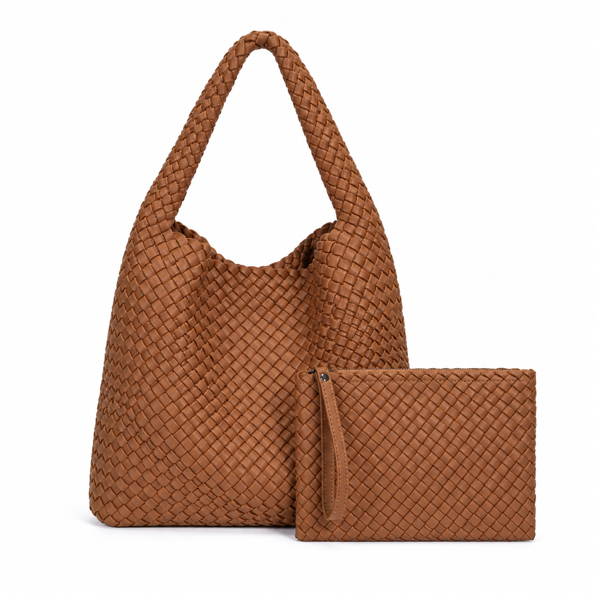 Caramel Woven Shoulder Bag With Pouch-2