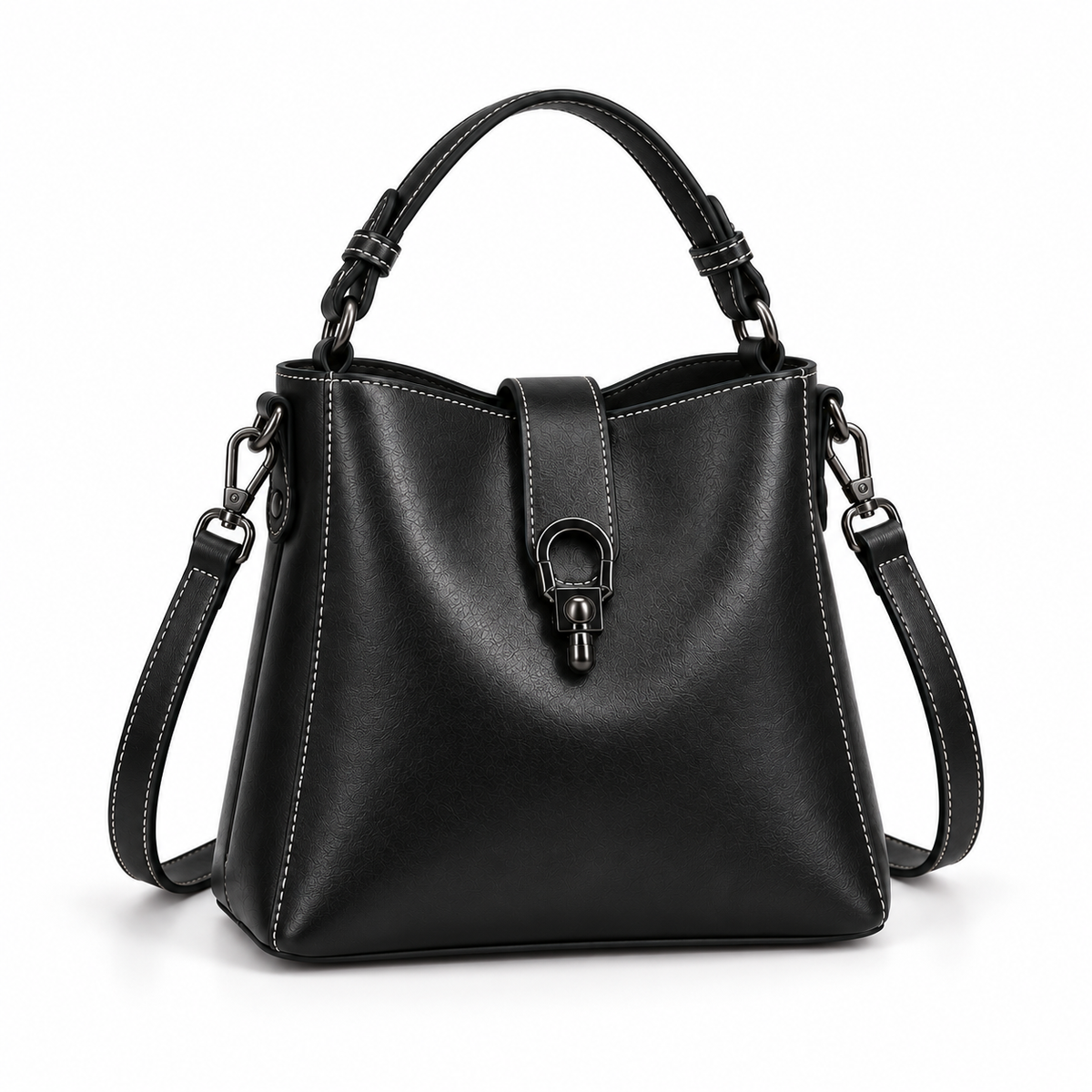 Black Structured Leather Crossbody Handbag Purse-1