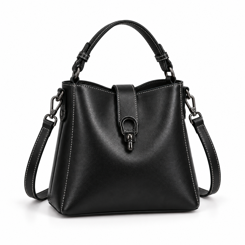 Black Structured Leather Crossbody Handbag Purse-1