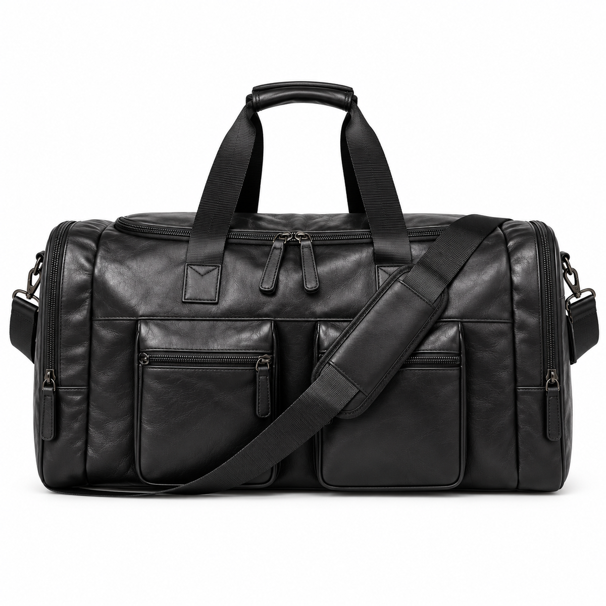 Classic Black Leather Travel Duffel Bag-3