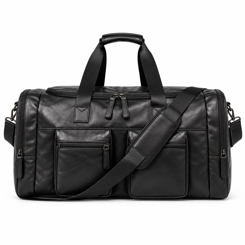 Classic Black Leather Travel Duffel Bag-3
