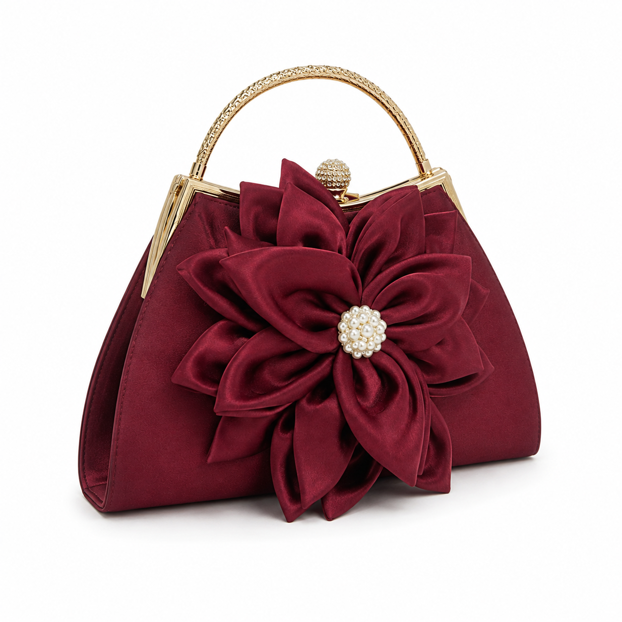 Burgundy Floral Evening Handbag with Gold Handle and Pearl Embellishment-2