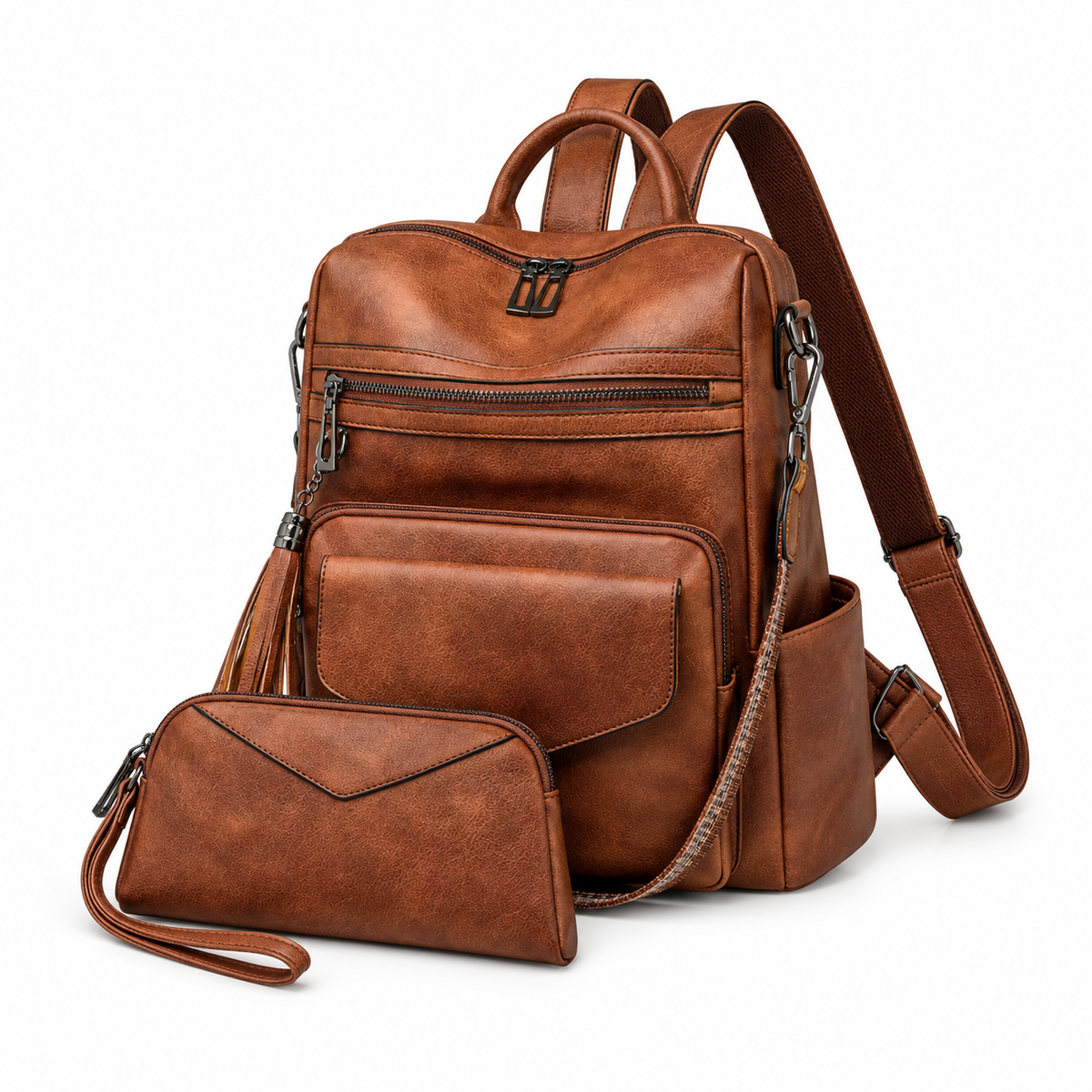 Vintage Brown Backpack With Matching Wristlet-3
