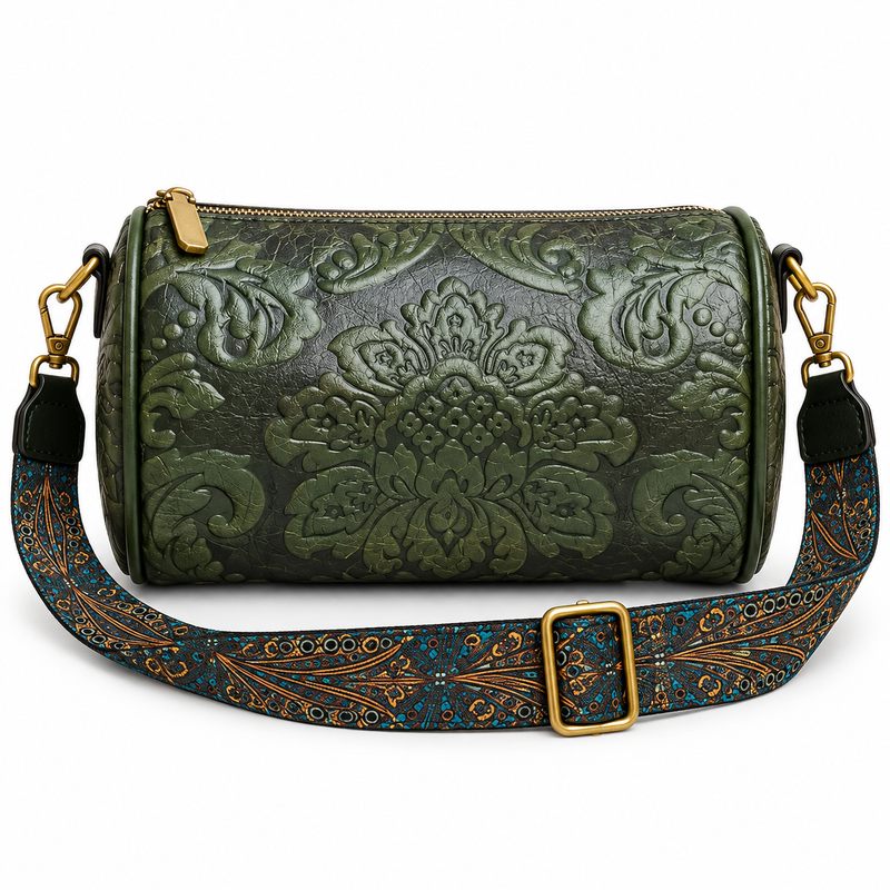 Olive Green Embossed Barrel Vintage Crossbody Bag-2
