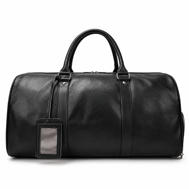 Classic Black Leather Duffel Travel Bag-4