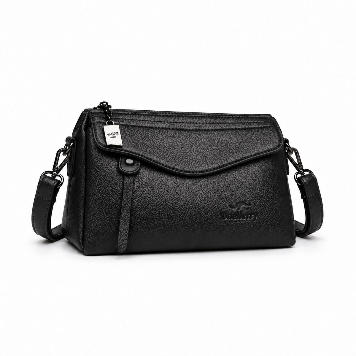 Black Textured Leather Crossbody Shoulder Bag-1