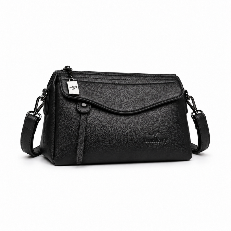 Black Textured Leather Crossbody Shoulder Bag-1