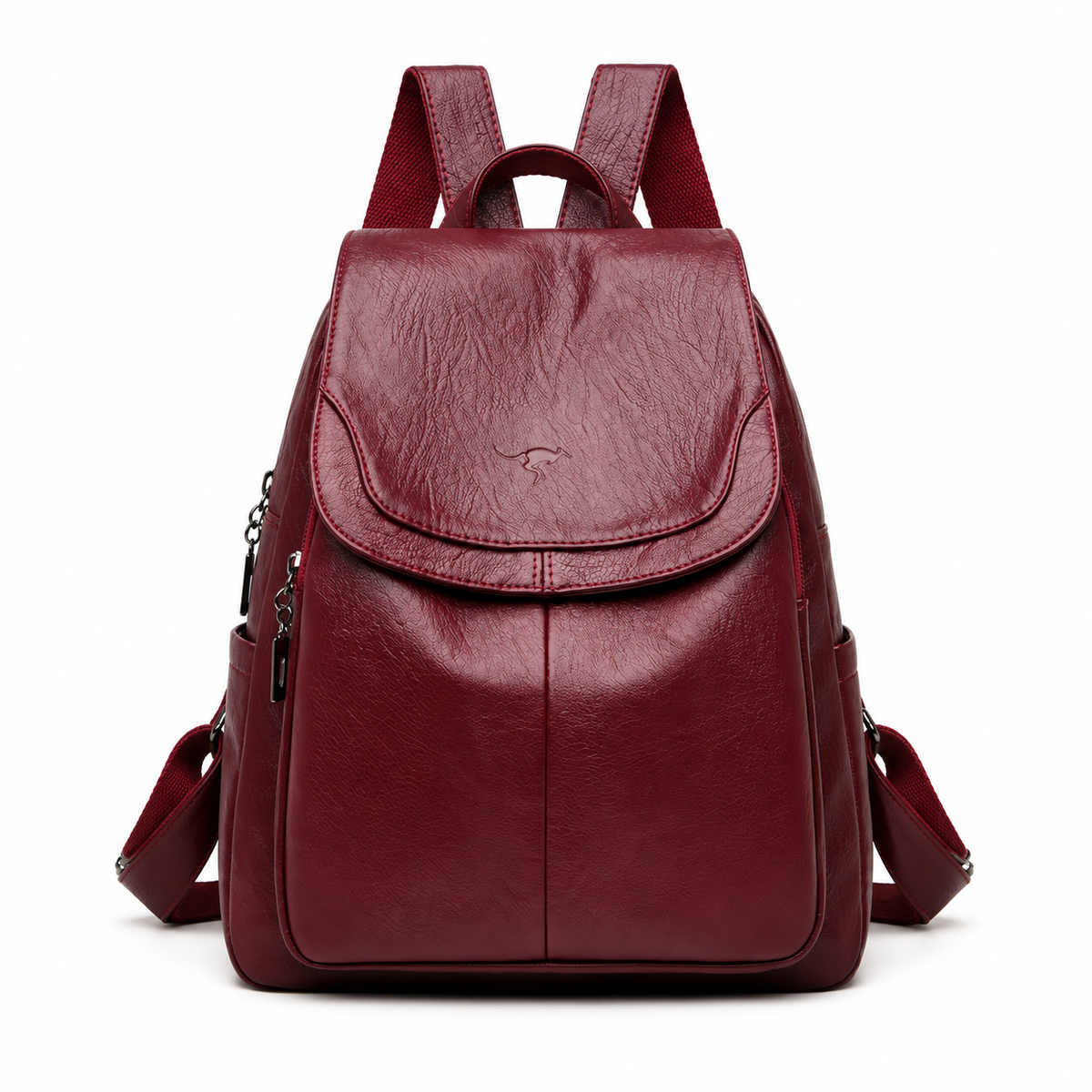 Burgundy Textured Flap Backpack With Pockets-4