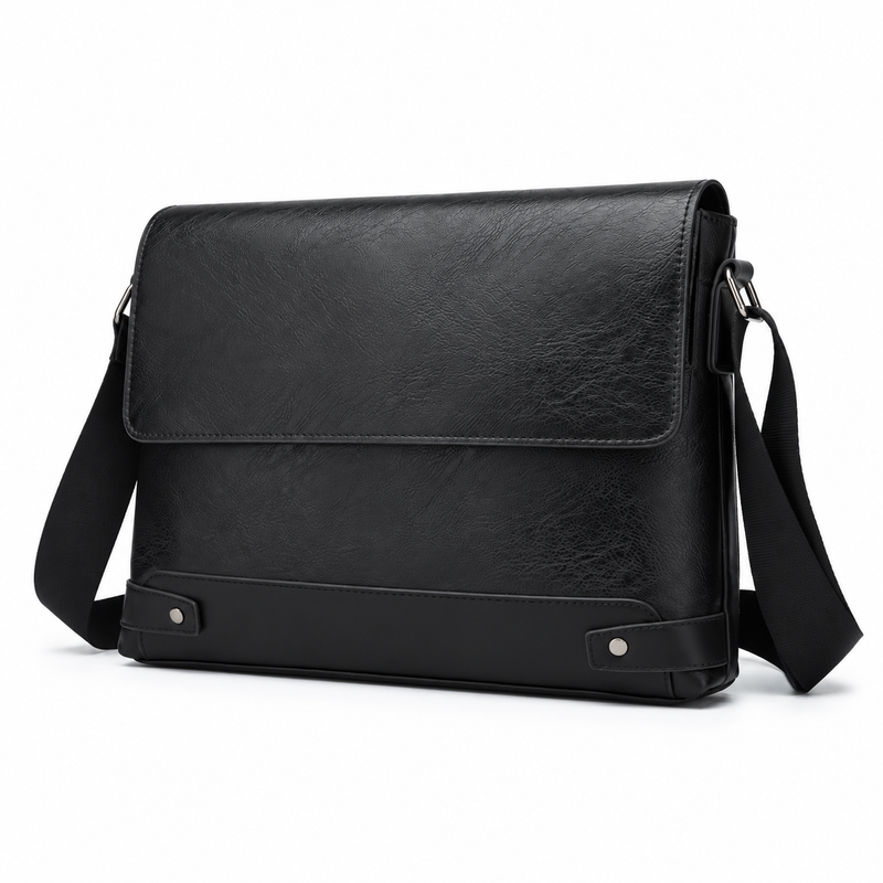 Classic Black Leather Crossbody Messenger Bag-3