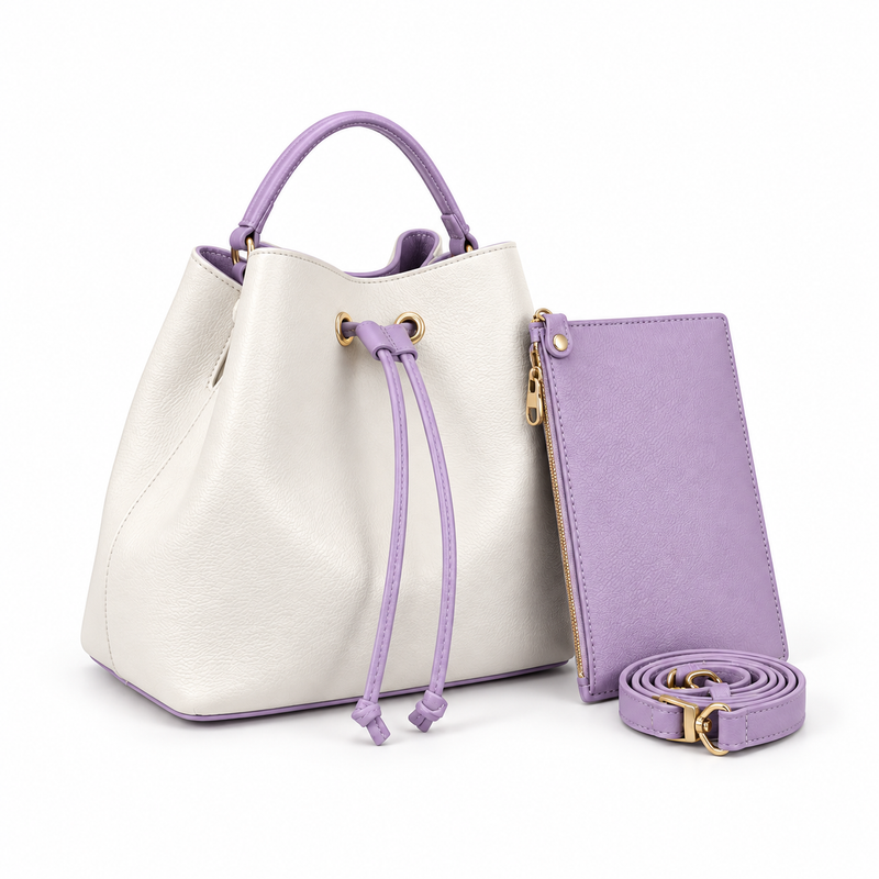 White Purple Drawstring Bucket Handbag Set-1