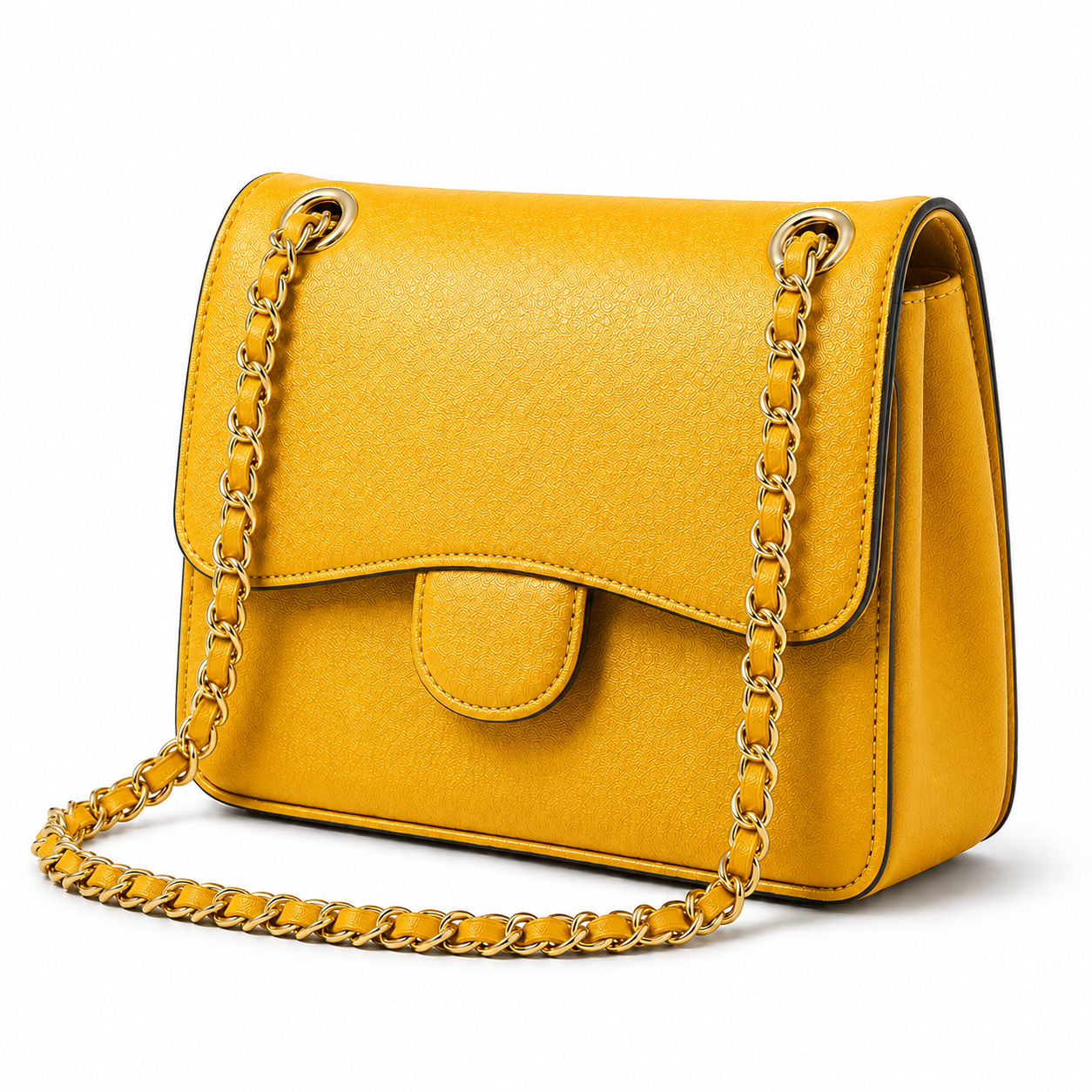 Golden Yellow Textured Chain Shoulder Bag-4
