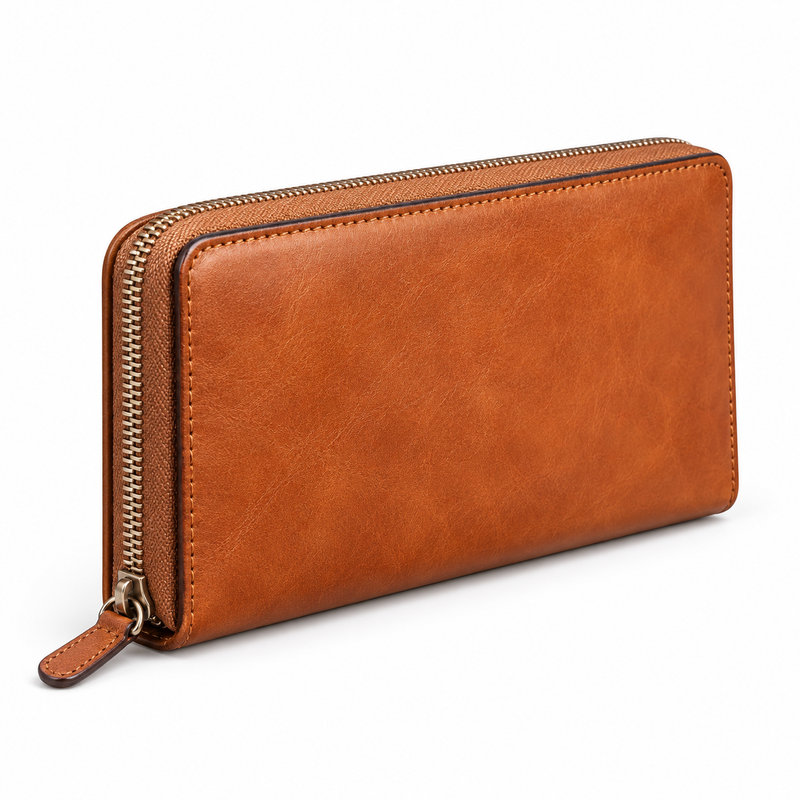 Cognac Tan Brown Leather Zipper Wallet-4