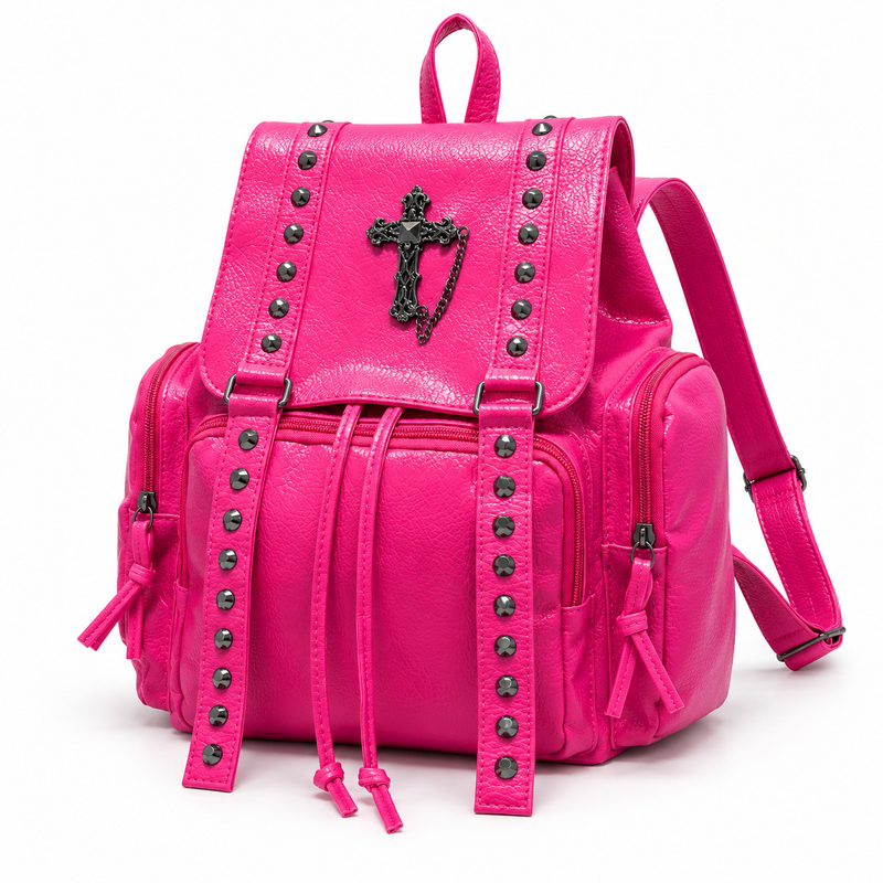 Hot Pink Studded Gothic Cross Backpack-2