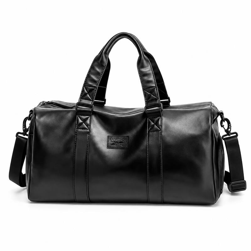 Classic Black Leather Travel Duffel Bag-4