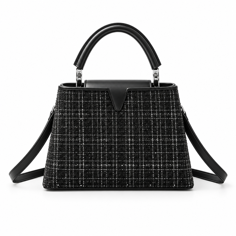 Black Checkered Vegan Leather Top handle Bag-4