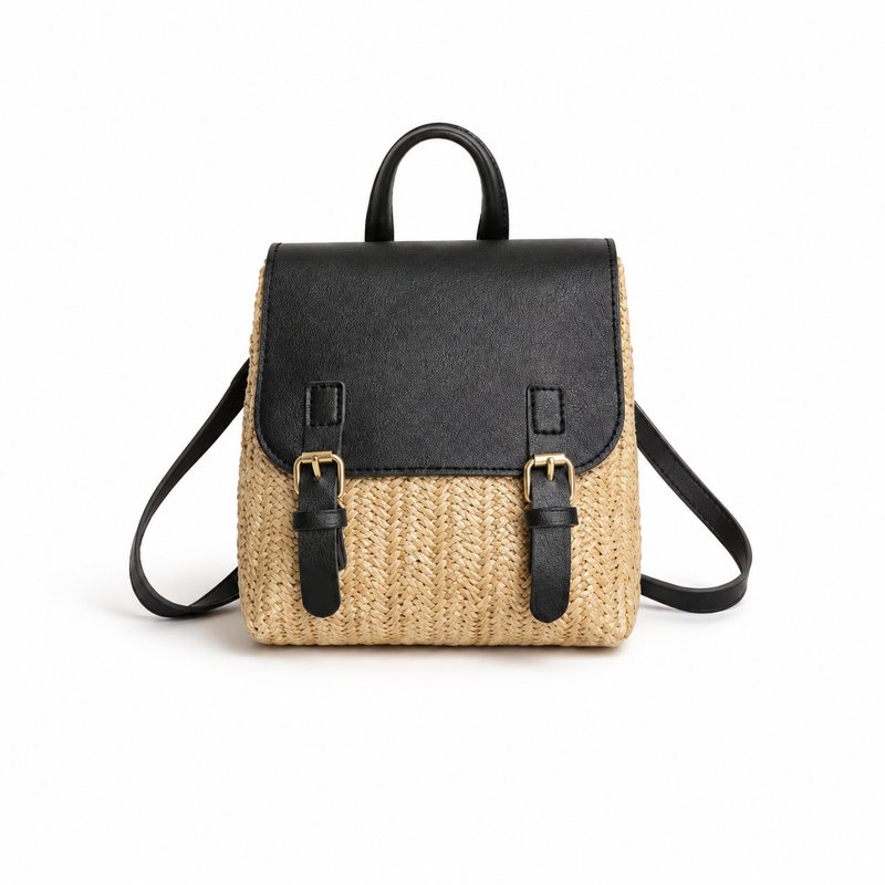 Woven Straw & Black Leather Mini Backpack Handbag-2