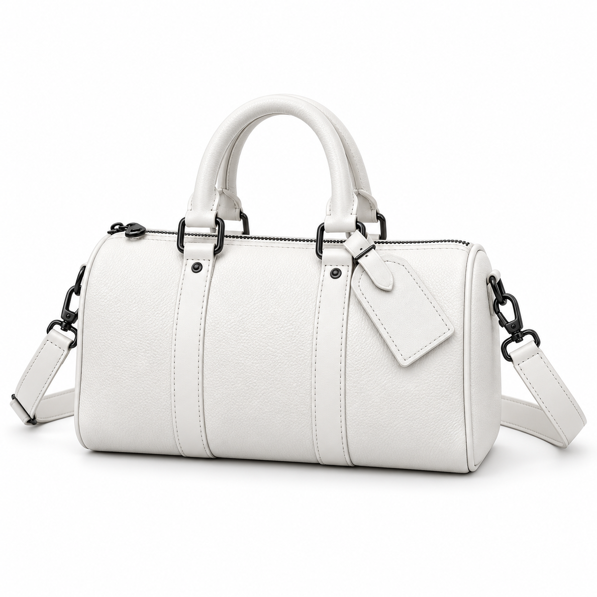 White Textured Barrel Handbag With Strap-3