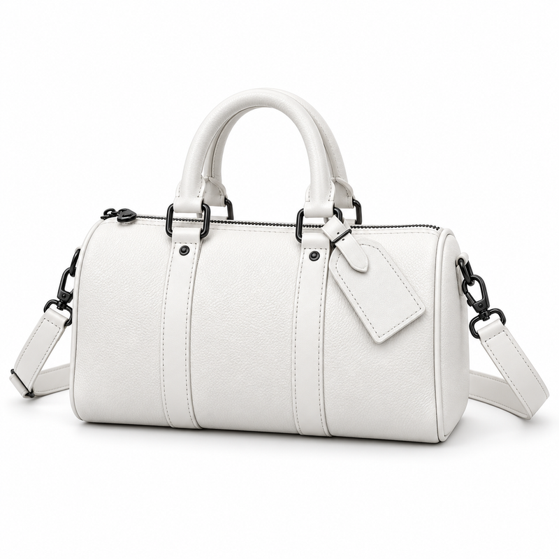 White Textured Barrel Handbag With Strap-3