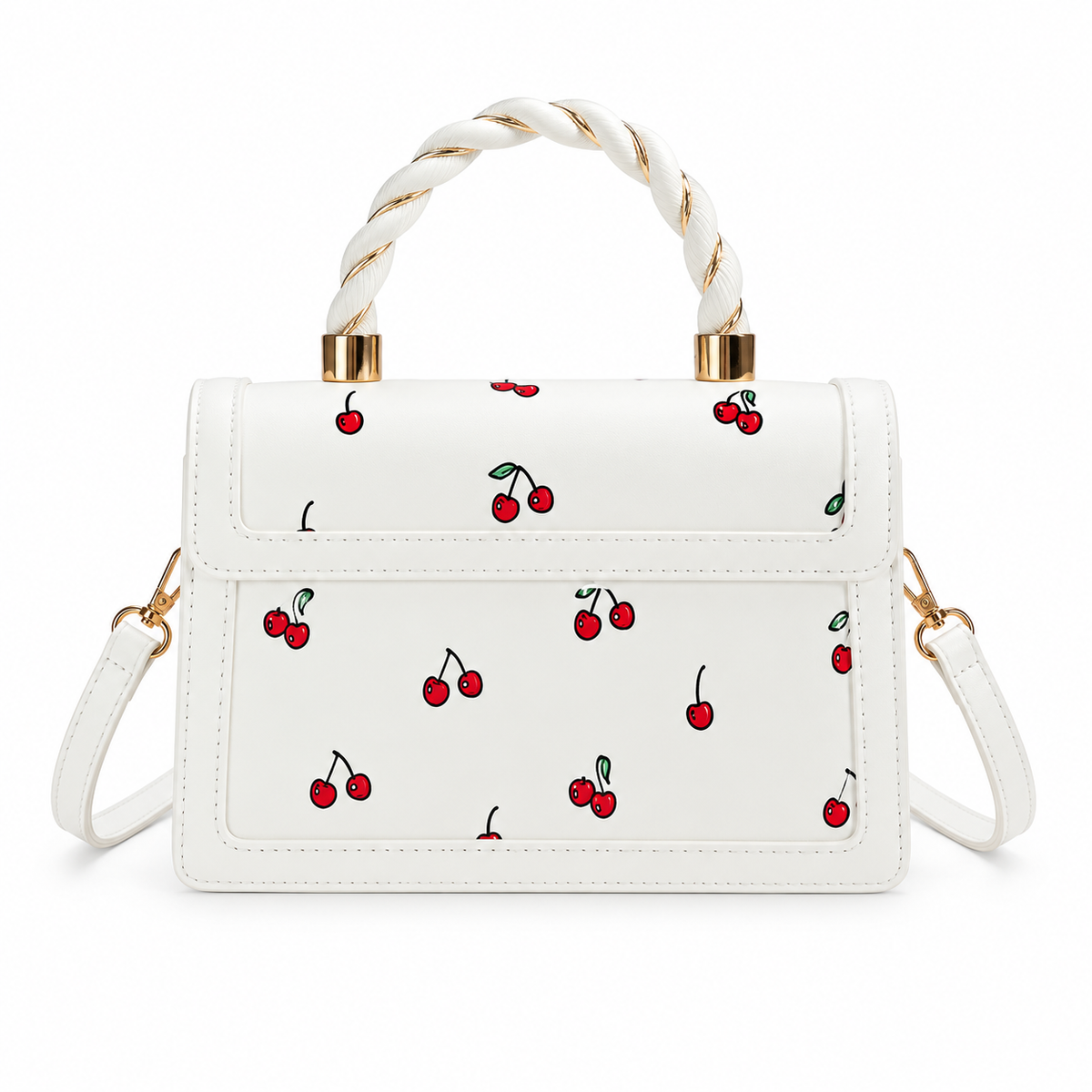 White Cherry Print Twisted Handle Crossbody-3