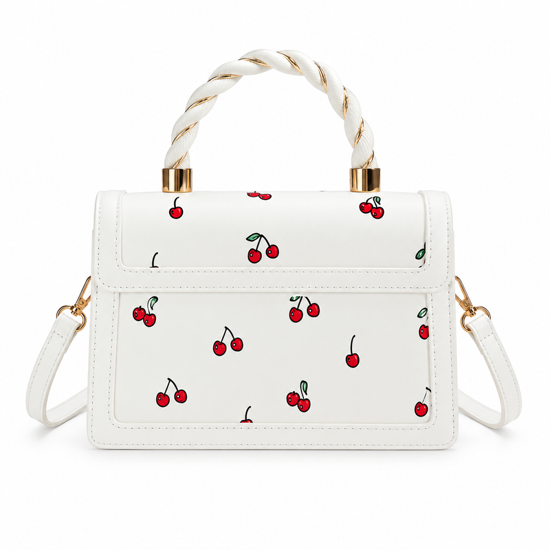 White Cherry Print Twisted Handle Crossbody-3