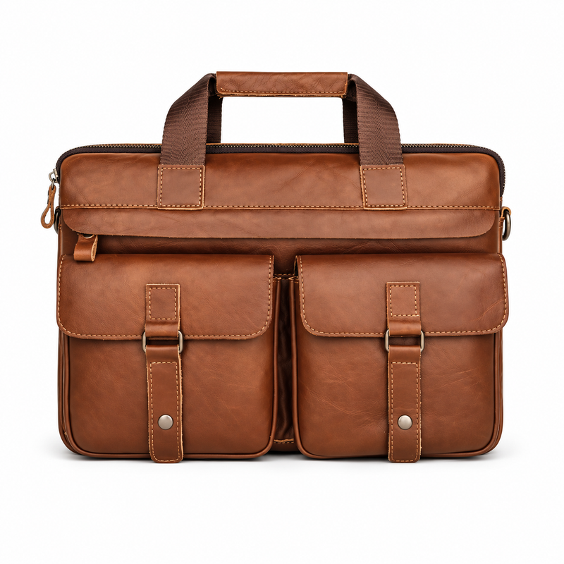 Classic Cognac Leather Briefcase With Pockets-3
