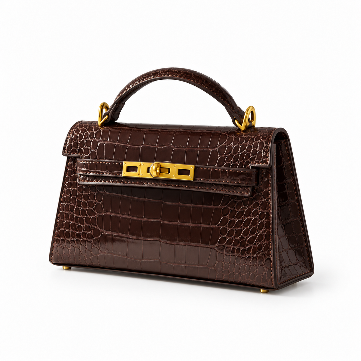 Chocolate Croc Structured Top Handle Handbag-2