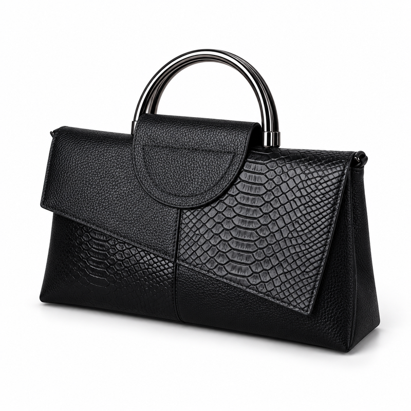 Black Leather Evening Clutch Metal Handles-3
