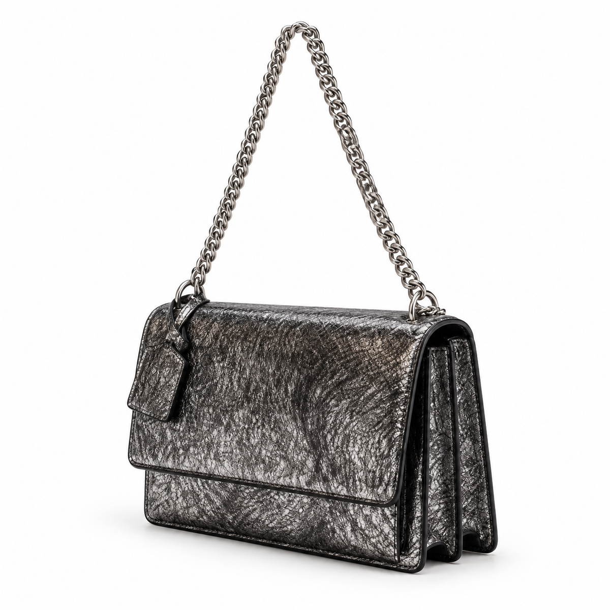 Metallic Silver Textured Chain Shoulder Bag-3